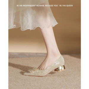Champagne Crystal Engagement Shoes Wedding Dress Two-Way Wear Thick Heel 3cm Low Heel Bride Shoes No Foot Pain Daily Wear
