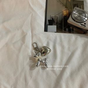 Super Nice ~ Pearl Dog Keychain Ins Korean Style Good-looking Minimalist Cute Silver Big Heart Hanging Ornaments Couple Style