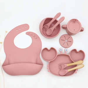 9pcs cartoon crab plates and bowls with bibs 2-in-1 water cups snack cups spoons forks baby silicone tableware set