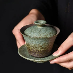 180ML Retro Coarse Pottery Three Gaiwan Household Kiln Change Ceramic Teacup Portable Beauty Tea Bowl Custom Traditional Tea Set