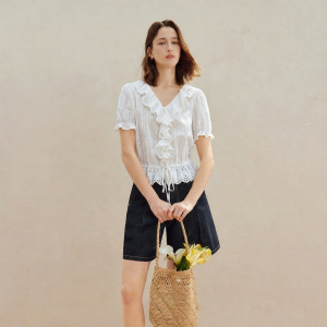 INMAN | French V-Neck Ruffle Hem Embroidered Shirt