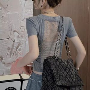 เสื้อยืดแขนสั้นผ้าลูกไม้รูเปิดสำหรับผู้หญิงในช่วงฤดูร้อน เสื้อชั้นในทรงเข้ารูป ทรงเข้ารูป เสื้อชั้นในผู้หญิง เสื้อชั้นในแบบลำลอง