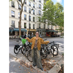 Classic Brown Suede Jacket Short Womens Leather Coat ZHOUMIAO Jennie Style Commute Loose Fit Long Sleeve Zipper Closure