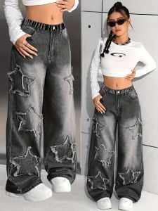 Girls Y2K Street Cool Style Five-Star Patch Pattern Denim Straight-Leg Pants All-Season and Winter Long Pants