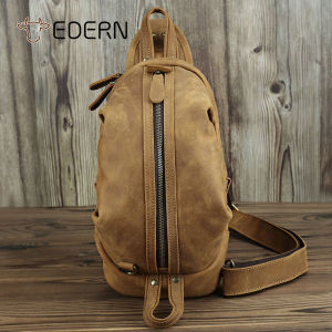 EDERN Crazy Horse Leather Chest Bag for Men Retro Genuine Leather Crossbody Bag Large Capacity Fashion Casual Mens Sling Bag Chest Pack