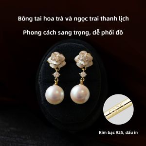 Bông Tai Hoa Hồng Trà Zircon Ngọc Trai Dây Đeo Bông Tai Bạc