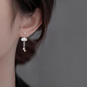 Lotus Tassel Earrings New Chinese Style Screw Back Stud out Fashion Jewelry Silver Accessories for Women Plant Floral Pattern