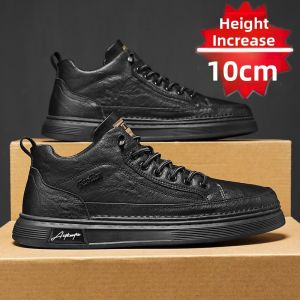 Black Mens Shoes Increase Height Spring Autumn Slip-On Sports Casual Leather Shoes 10cm 8cm Heightening Mens Footwear