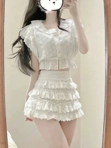 Sweet and Spicy Young Shirt Top Suit Womens High Waist Figure Flattering Short Skirt Summer New Arrival Western Style Two-Piece Suit