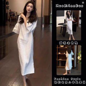 White Long Hollow out Loose Maternity Summer Dress French Style A-Line Gown for plus Size Women High Waist Short Sleeve V-Neck