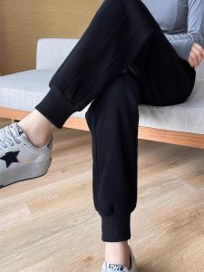 Womens Fleece Lined Harlan Sports Pants Black Casual Sweatpants High Waist Nine Points Elastic Waist Loose Fit Spring Autumn