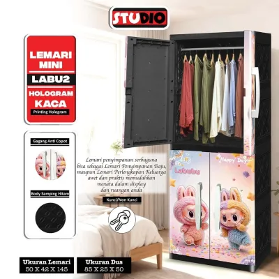 Studio lemari pakaian plastik minimalis printing karakter kaca full kunci susun 4 full rak dan hanger