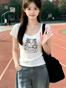 V.C.I | Summer Sweet Style Short Sleeve T-Shirt U Neck Cat Print