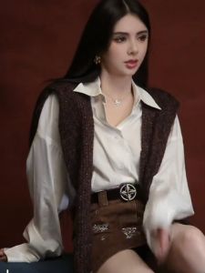 เสื้อเชิ้ตผู้หญิงสไตล์ฝรั่งเศส ทรงหลวม แขนยาว ผ้าฝ้ายผสมโพลีเอสเตอร์ ทรงหลวมสบาย ๆ สำหรับใส่ไปทำงานในช่วงต้นฤดูใบไม้ร่วง