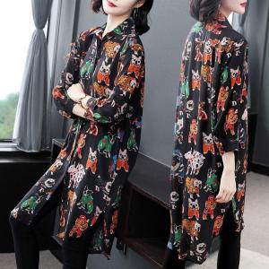 Summer New Womens Elegant Large Size Floral Print Chiffon Shirt Mid-Length Open Cardigan Sunscreen Top Asymmetrical Slim Fit Polo Collar