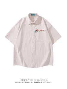 เสื้อเชิ้ตแขนสั้นทรงหลวมสไตล์ย้อนยุคญี่ปุ่น MOISHE TIDE สำหรับผู้ชายและผู้หญิง ลายหมี ผ้าฝ้าย ทรงหลวม ฤดูร้อน 2024