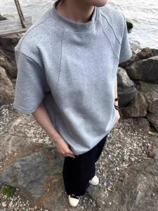 American Retro Space Cotton Short Sleeve T-Shirt Boxy Loose Fit round Neck Summer Breathable Youth Fashion Basic Style Pure Color