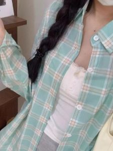 Áo Sơ Mi Kẻ Caro Xanh Lá Cây Rộng Rãi Cho Nữ Mùa Xuân Thu Dài Tay Áo Khoác Ngoài Cardigan Áo Sơ Mi Cổ Polo Thường Ngày