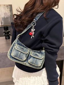 Retro Washed Denim Motorcycle Chic Shoulder Bag Multi-Pocket Niche Design Handbag Casual Summer New Womens Handbag