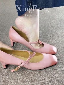 Sweet Butterfly Knot Mary Jane Shoes Womens New Style Pink Square Head Thick Heel Upgraded Version of the Classic Flat Shoes