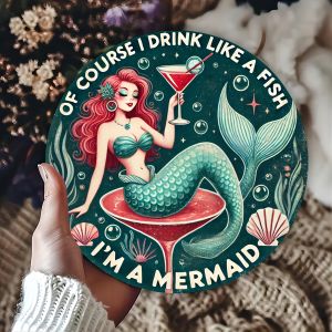 Bảng Hiệu Kim Loại Hình Tròn Mermaid Cocktail 8x8 Inch Bằng Sắt Trang Trí Tường Cho Quán Bar Gia Đình Quán Cà Phê - Chủ Đề Ven Biển Mộc Mạc