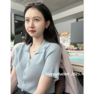 Áo Thun Tay Ngắn Màu Xanh Lanh Dệt Kim Ice Silk Dáng Rộng Mùa Hè Thiết Kế Tay Áo Kiểu Hàn Quốc Cardigan Hở Cổ Tròn Đơn Sắc