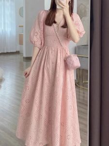 Summer New Fashion Large Size Womens Dress Pink Slimming Belly Covering High Waist A-Line Korean Style Bubble Sleeve Dress