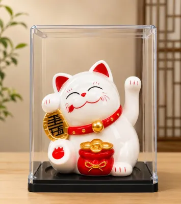 Solar-Powered Auto Waving Lucky Cat Maneki Neko Figurine with Transparent Acrylic Display Case/ Feng Shui Wealth & Prosperity Ornament/ Home Office Shop Decor/ Housewarming Business Opening Gift/ 4 Colours (Black Gold White Pink)