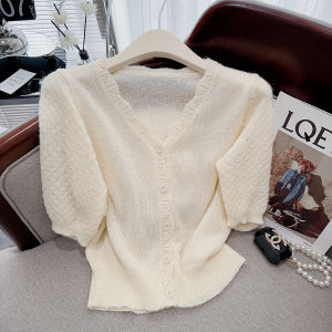 French Pink Sweet Bubble Sleeve Knitted Top Hollow out V-Neck Short Sleeve T-Shirt Women Summer New Style Commute Korean Version