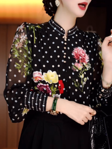 Áo Sơ Mi Nữ Cổ Đứng in Họa Tiết Thời Trang Mùa Thu Mới Rộng Rãi Dài Tay Mỏng Thanh Lịch Chất Liệu Polyester Thường Ngày