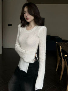 Áo Len Dệt Kim Ngắn Tay Dài Mùa Đông Cho Nữ Áo Lót Bên Trong Ôm Vừa Vặn Eo Ngắn Hở Cạp Cao Cạp Cao Áo Chui Đầu Thường Ngày