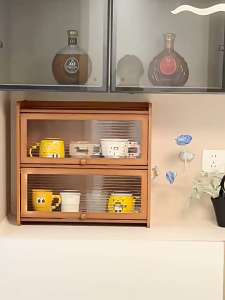 Bamboo Kitchen Desktop Cabinet Organizer Dustproof Storage Cabinet Acrylic Door