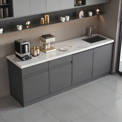 Modern Minimalist Kitchen Cabinet Set with Sleek Dark Wood Grain Finish and White Countertop – Features Handleless Doors Soft-Close Drawers Multi-Layer Storage Shelving and Integrated Sink Basin Perfect for Compact Urban Homes in Southeast Asia Offer