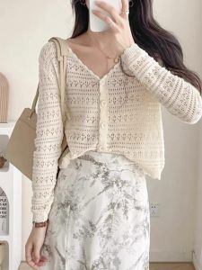 Ultra-Fairy Korean Style Womens Knitted Open Cardigan Thin Design Short Outerwear Shawl Top Spring Autumn Cover-up