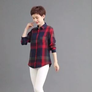 Plaid Shirt for Middle-aged Women Large Size Plaid Cardigan Shirt Loose Long Sleeve Thin Casual Office Blouse