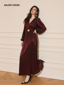 Wine Red Banquet Dress High Waist V-Neck Design