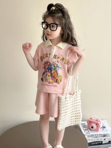 Summer Polo Shirt Set for Girls 2025 New Style Small Pony Princess Short Sleeve Shorts Two-Piece Cartoon Print Cotton Suit
