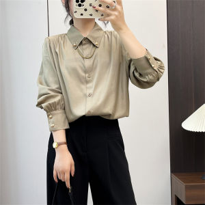 Loose Long Sleeve Womens Shirt Casual Commute Korean Style Base Layer Shirt Polyester Fiber Flip Collar Button Design