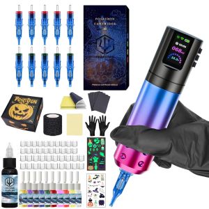 โพไซดอนชุดปากกาแทททูฮัลโลวีนเครื่องสักไร้สาย1800มิลลิแอมป์เครื่องสักโรตารี่พร้อมเข็มสัก10ชิ้นปากกาแทททูพร้อมแหล่งจ่ายไฟจอแสดงผล LED แบบดิจิตอลอุปกรณ์สักสำหรับศิลปิน
