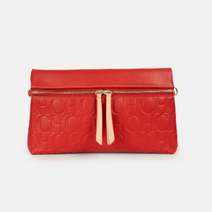 CH | CH Vintage Red PU Leather Crossbody Bag Embossed CH Letter Double Zipper Shoulder Handbag For Retro Outfits