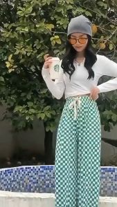 High Waist Plaid Pants Wide Leg Straight Slim High Palazzo Korean Sleep Pant Style Seluar Panjang 高腰宽松阔腿格子裤