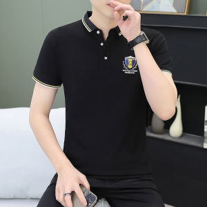 Mens Slim Fit Short Sleeve Polo Shirt Korean Style Casual Striped Cotton Breathable Fashionable Summer Top Half Sleeve Turn-down Collar