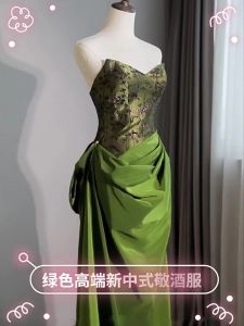 Green Chinese New Style Wedding Dress Bridesmaid Gown Long Evening Dress High Waist Vintage Style No Sleeve Floral Pattern