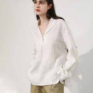 Miccbeirn | Elegant Pure Linen Embroidered Shirt V-Neck Long Sleeve Womens Top Fashionable Slimming Solid Color Versatile Commute Wear