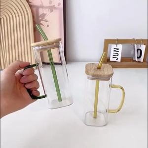 400ml Square Glass Mug With Lid and Straw Breakfast Milk Cup Microwave Safe Transparent Party Beer Coffee Mug Drinkware Glass