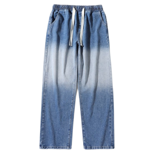 Loose Fit American Style Gradient Drawstring Jeans Mens Summer New Style Straight Leg Pants Casual Wear Youth Trend