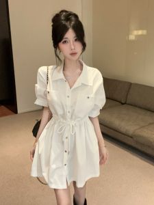 GUZILIAN | Summer New Vintage Polo Collar Dress Short Sleeve Drawstring Waist Slimming Fashion Short Skirt Korean Style Womens Dress