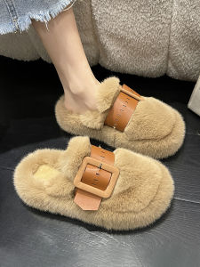Fashionable Womens Slippers Open-Toe Furry Clog Thick Bottomed Slip-On Shoes Korean Style Flat Heel Synthetic Leather Rubber Sole