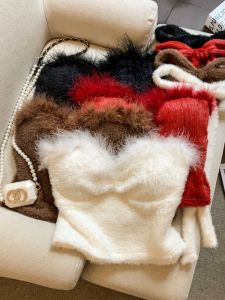 GUZILIAN | Charming Water Mink Fur Collar Off-shoulder Bustier Tank Top