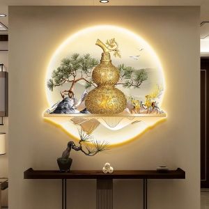 New Chinese Style Decorative Painting with LED Light Entrance Corridor Home Decor Landscape Artwork Pine Tree Welcome Guest
